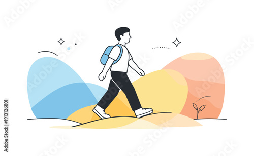 Soft gradients. Person moving through layered abstract shapes with delicate gradient transitions. Feeling of ease, balance, and gentle