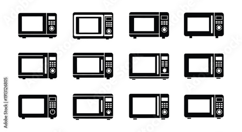 Black and white icons depicting various styles of microwave ovens