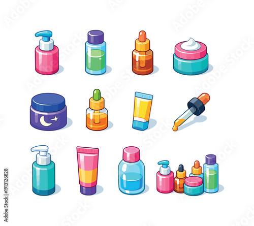 Skincare products. Colorful isometric vector icons set of skincare products: cleanser bottle, toner bottle, serum vial, moisturizer jar,