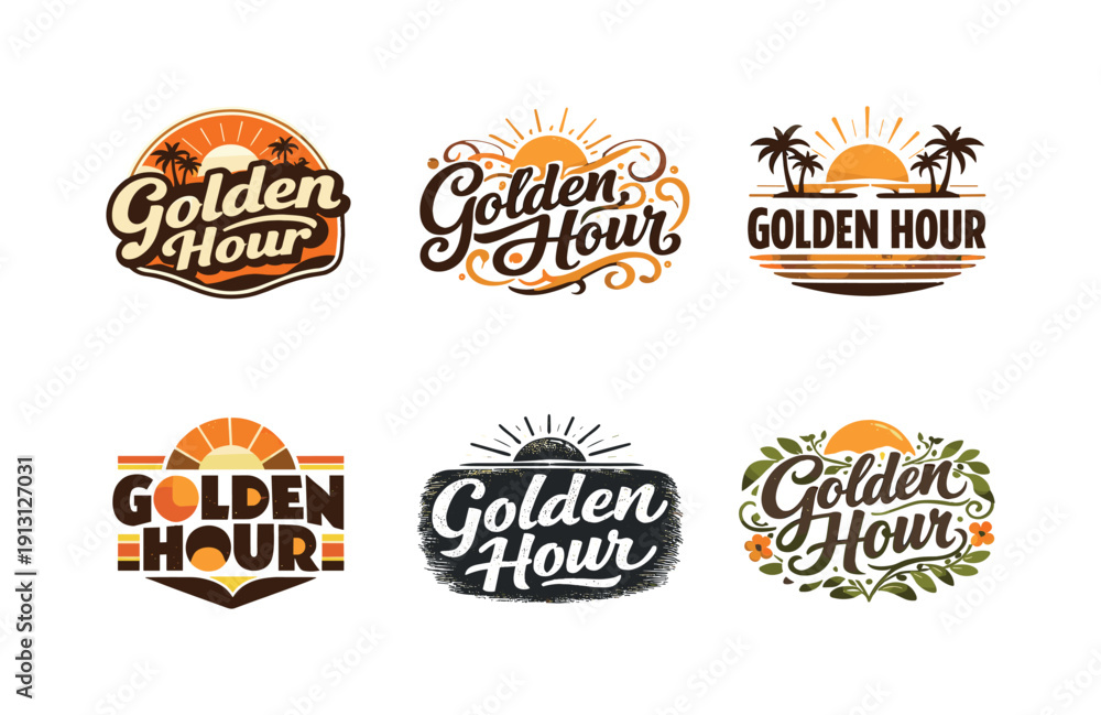 Obraz premium Golden Sunset Lettering Grid. Golden hour sunset. Set lettering. harmonious lettering variations of the same emblematic concept, each with different artistic