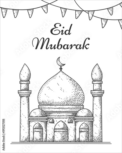 Eid Mubarak Grand Mosque with domes and crescent Greeting Hand Drawn Illustration