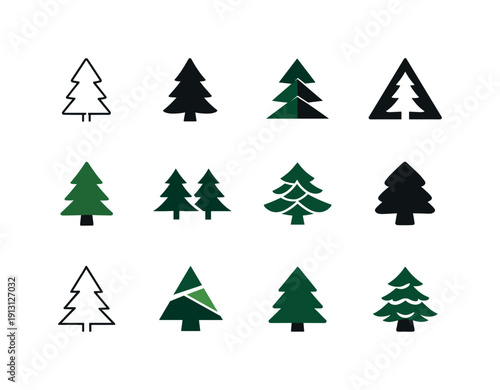 Diverse Forest Logos. Forest. Icon set. Set Logo of Forest: evergreen pine tree. harmonious logo variations of the same emblematic concept, each with different