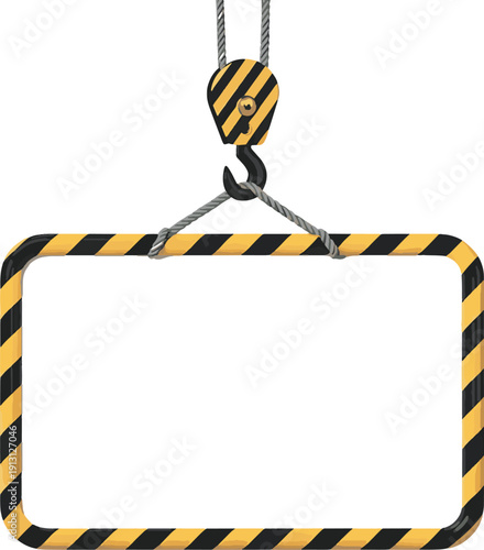 Construction Frame with Crane Hook and Yellow Striped Warning Sign Board