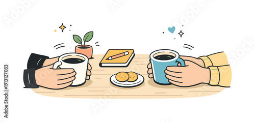 Intimate Coffee Chat. Casual coffee conversation. Close-up of hands holding mugs over a table with minimal decorative items. Calm, intimate, and warm social
