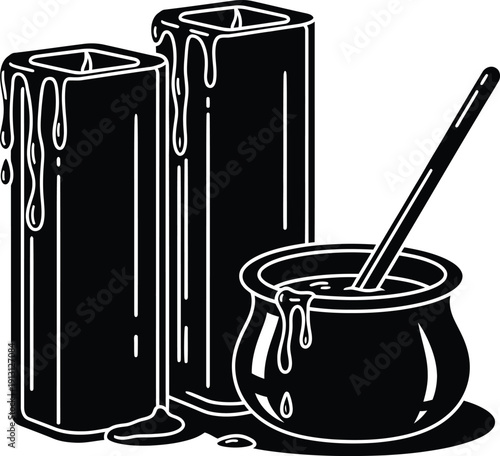 Two tall melting wax candles with dripping drops and mixing pot line art vector illustration for aromatherapy concept.