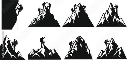 Mountain climber silhouettes set, rock climbing and hiking team reaching summit peaks vector illustration isolated on white