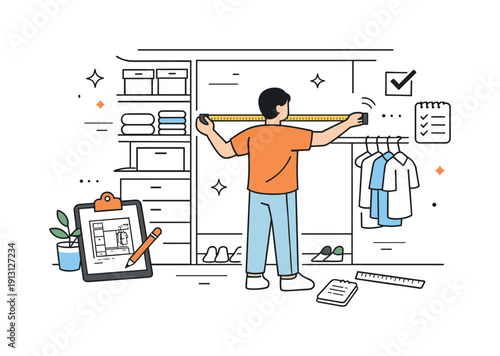 Building a walk-in closet. A person measuring shelves and hanging space with a tape measure, planning a custom closet layout in a calm