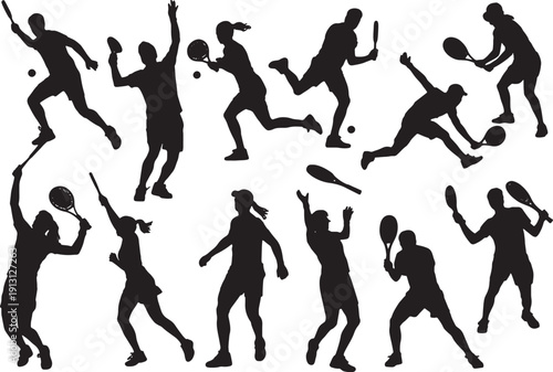 Tennis and Padel Players Silhouette Set, Professional Athlete Action Poses
