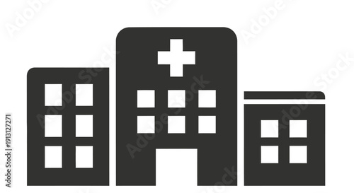Simple black vector icon depicting a hospital building with a medical cross