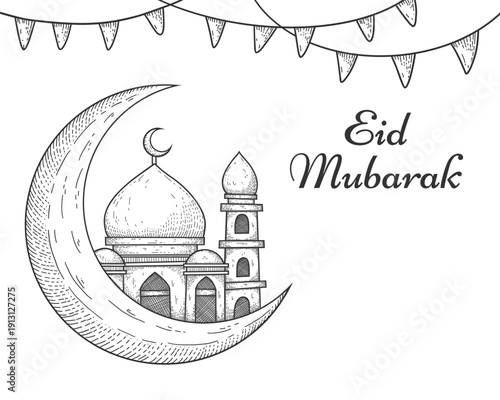 Eid Mubarak Mosque with Crescent Moon greeting Hand Drawn illustration
