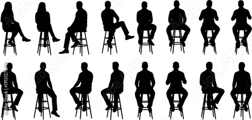Collection of vector silhouettes of people sitting on bar stools in various poses isolated on white background for design projects.