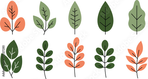 Set of green vector leaves and four leaf clover elements featuring a natural foliage pattern and floral branch silhouettes for spring plant decoration and seamless summer environment design