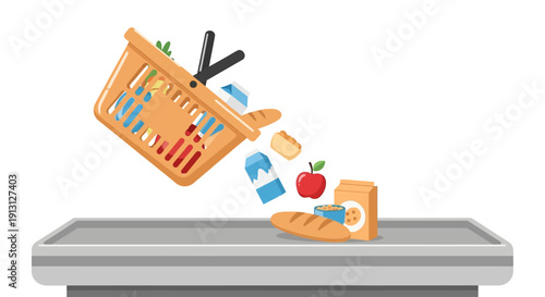 Vibrant illustration of a grocery shopping basket overflowing and spilling various food items onto a supermarket conveyor belt, depicting a retail purchase mishap or delivery concept