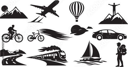 Transportation Modes and Travel Icons in Black and White