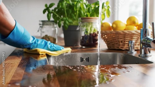 Cleaning kitchen countertop with protective gloves and sponge