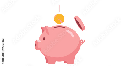 Pink piggy bank with a golden coin falling into the slot, illustrating savings, financial investment, and future growth