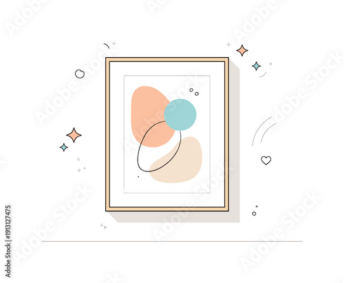Wall art display. A single picture frame centered on the wall, conveying simplicity and quiet elegance, with light abstract shapes enhancing