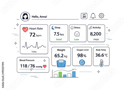 Data-driven healthcare. Abstract medical dashboard with personalized metrics, heart rate and wellness indicators neatly arranged. Clean