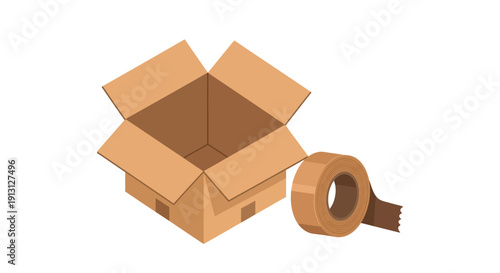 Empty cardboard box with packing tape for moving and shipping