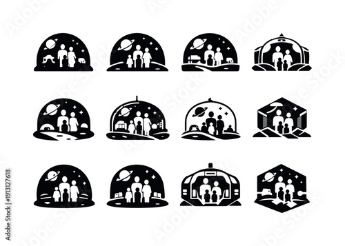 Space Habitat Family Logos. A family in a space habitat for long-term residence on another planet. Icon set. Set Logo of A family in a space habitat for
