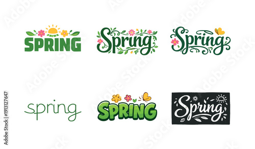 Spring label design. Set lettering. harmonious lettering variations of the same emblematic concept, each with different artistic