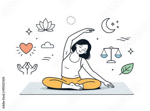 Calm Yoga Practice. Exercising for self-care and body wellness. A person stretches calmly on a yoga mat, focusing on breathing and body awareness. Balance,