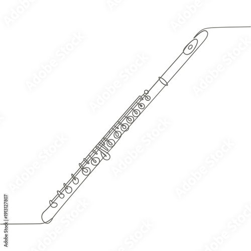 Line drawing of a silver flute with keys angled on white background