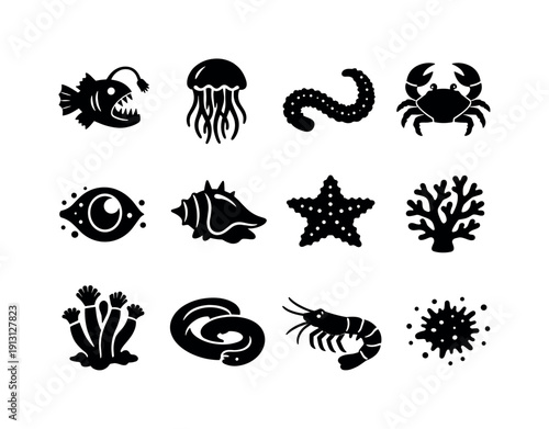    Submarine Creatures. Solid icon set of Submarine Creatures: deep sea predator fish, abyssal jellyfish, glowing deep sea worm, deep sea