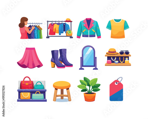 Fashion Icon Collection. Fashion Browsing. Colorful flat vector icons set of Fashion Browsing: shopper flipping hangers, curated clothing rack, trendy jacket,