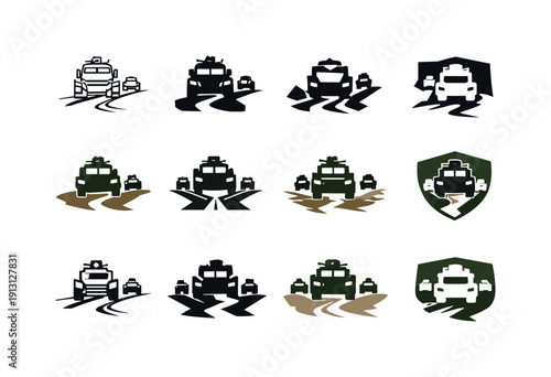 a military convoy driving down a dirt road. Icon set. Set Logo of a military convoy driving down a dirt road: armored vehicle front view.