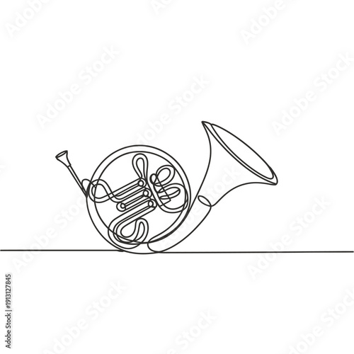 A continuous line drawing depicts a classic french horn instrument