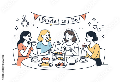 Tea and treats gathering. Guests enjoy light snacks and tea while celebrating the bride-to-be. Soft laughter, relaxed conversation, and