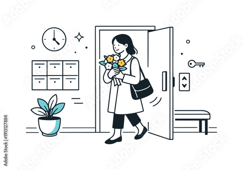 Women returning home with flowers. A woman enters an apartment building lobby holding flowers close to her chest. Sense of care and