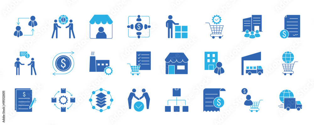Obraz premium B2B icon set. Business to business, supplier, commerce, vendor, enterprise, partnership, manufacturer, purchase order, supply chain, transaction, quotation and more.