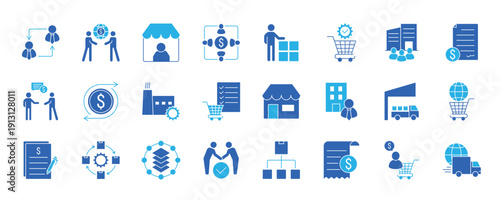 B2B icon set. Business to business, supplier, commerce, vendor, enterprise, partnership, manufacturer, purchase order, supply chain, transaction, quotation and more.