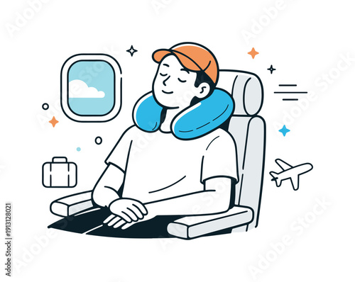 Comfortable Flight Rest. Using travel pillow during flight. A traveler resting comfortably in an airplane seat with a neck pillow, eyes closed and relaxed