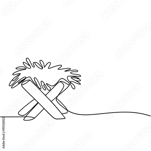 Minimalist one line drawing of a campfire with burning logs