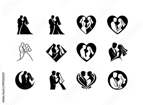    wedding ceremony. Icon set. Set Logo of wedding ceremony: bride and groom silhouettes. harmonious logo variations of the same emblematic