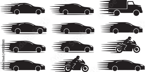 Vehicles in Motion Silhouette Graphics for Design and Illustration