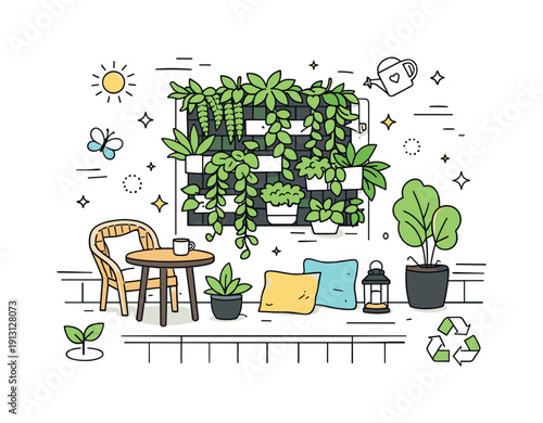 Vertical garden on an apartment wall. A compact green wall with cascading plants transforms a plain balcony into a cozy natural corner. Calm