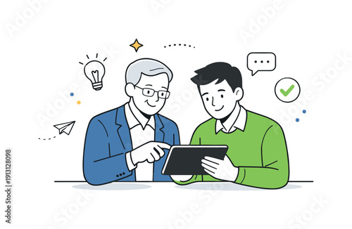 Mentorship at the workplace. Older mentor and younger employee reviewing information on a tablet, calm guidance and trust. Friendly