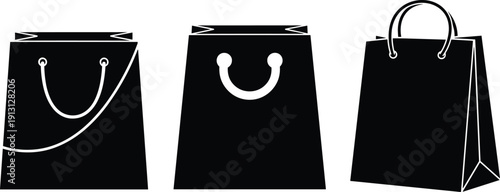 Shopping bag silhouettes set, retail paper bags with handles, minimal black icon collection isolated on white background