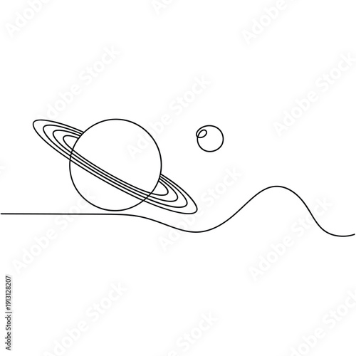 Minimalist line drawing of saturn a moon and a wave