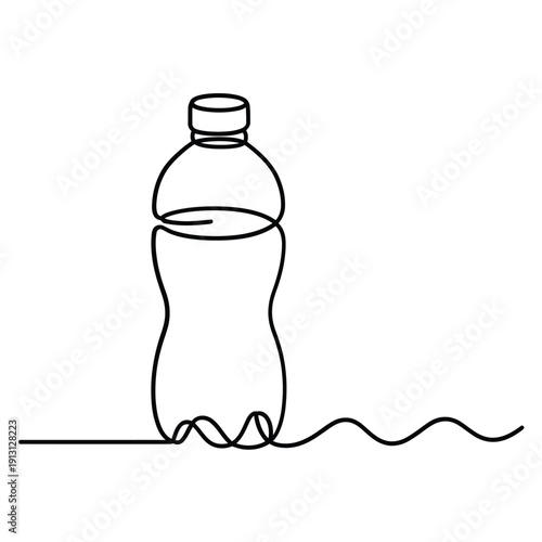 Simple line drawing of a plastic water bottle with a flowing tail