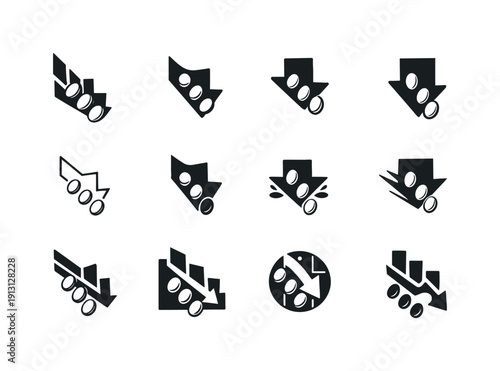 Economic downturn. Icon set. Set Logo of Economic downturn: falling coins. harmonious logo variations of the same emblematic concept, each