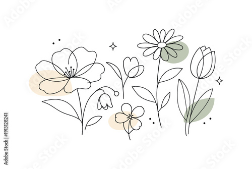 Floral line illustration. Simple flowers drawn with continuous thin lines, gently overlapping and creating a soft rhythm. The mood is calm,