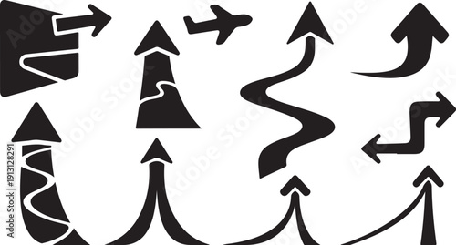 Collection of various black arrows on white background pointing