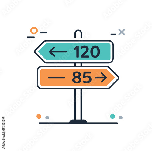 Minimal road sign icon. A simplified mileage sign icon with arrows and numbers, isolated and clean, suitable for navigation and transport
