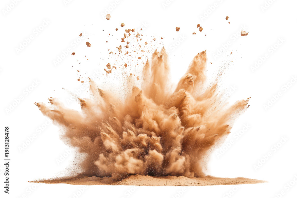 Obraz premium Explosion of sand and dust isolated on transparent background. Pile desert sand explosion isolated on white background.