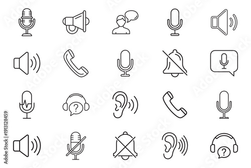 Voice web line art icon set. Person talking, message, audio, speech, Sound wave, Speaking, collection. Vector illustration.